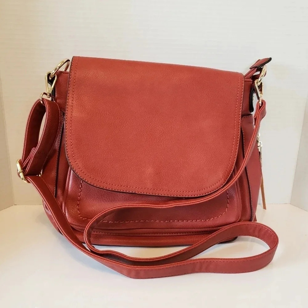 Cleo Orange/Brown Fold-Over Tassel Saddle Bag/Crossbody Medium  Bag.